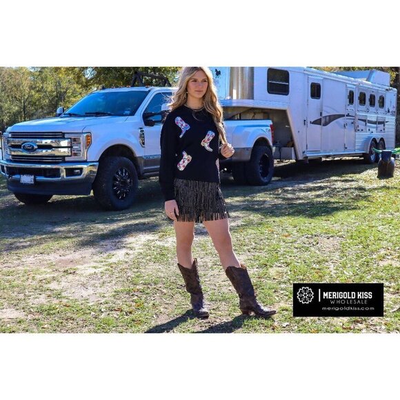 Made for Sparklin' Long Sleeve Sequin Boots Tee - Picture 4 of 8